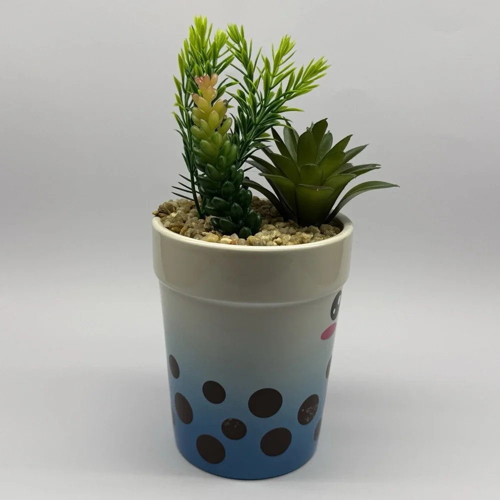 Boba Faux Plant Blue Kawaii Ceramic Succulent Arrangement 4in X 13in